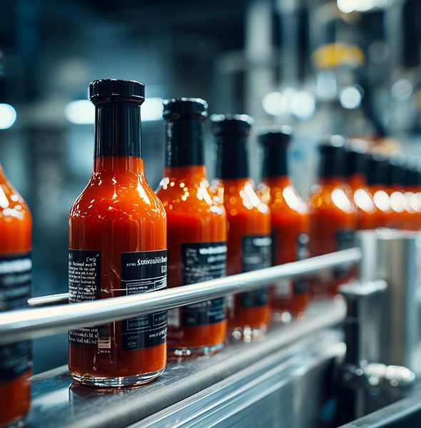 bottles of hot sauce in a factory setting showcasing vibrant color production line with 2 flavors and packaging