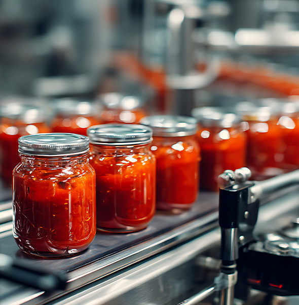 rows of glass jars filled with tomato sauce on a production conveyor belt showcasing food preservation techniques and processing steps for two types of sauces