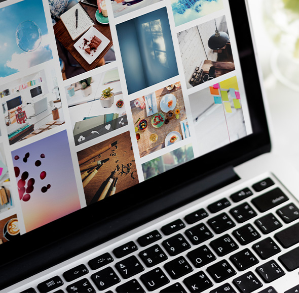 laptop screen displaying various images including food, nature, and workspace themes showcasing diverse visual content and designs 2 creative ideas 2 inspiration